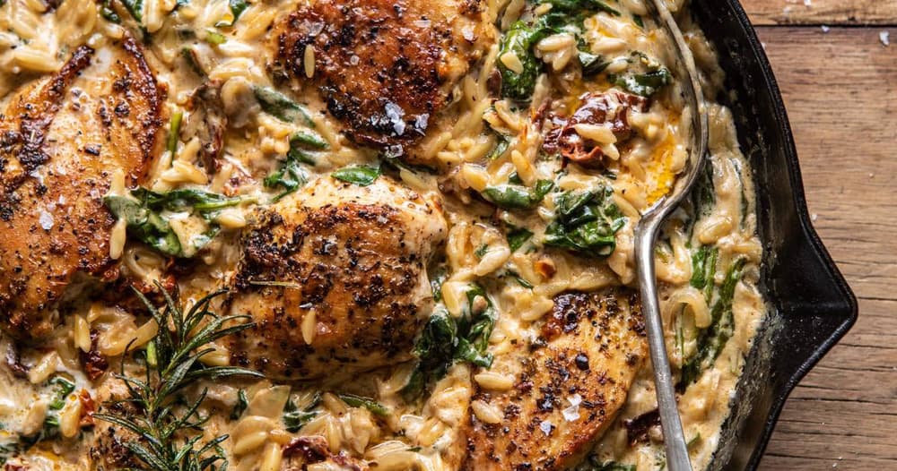 One Skillet Creamy SunDried Tomato Chicken and Orzo Punchfork