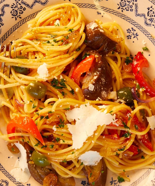 Spaghetti with Eggplant Caponata Punchfork