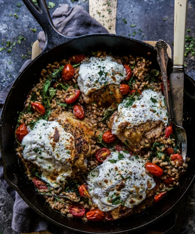 Chicken & Farro Skillet with Miso Cream Sauce Punchfork