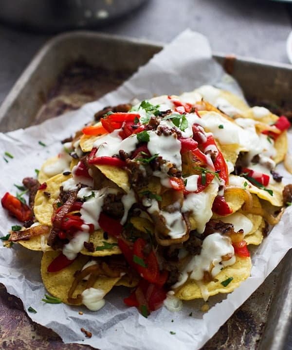 ItalianStyle Nachos with Provolone Cheese Sauce, Turkey Sausage and