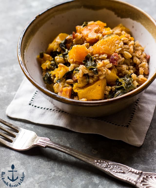 Baked Farro with Butternut Squash, Kale and Pancetta Punchfork
