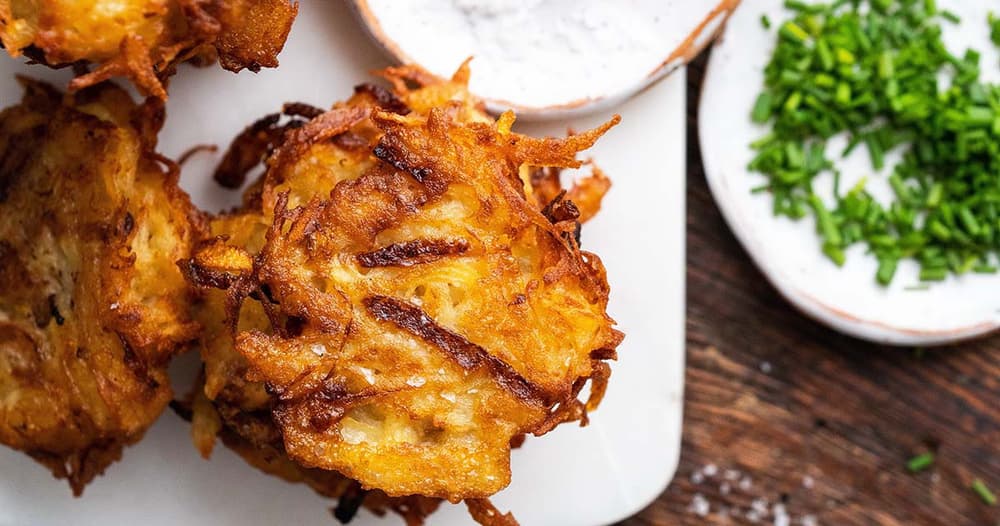 Crispy Potato Latkes with Caramelized Onion and Herbed Sour Cream