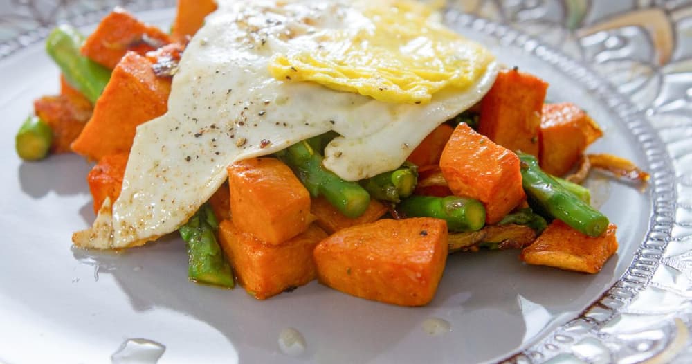 Sweet Potato Asparagus Hash with Fried Eggs Punchfork