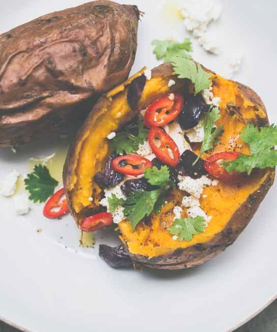 Baked Sweet Potato with Olives, Feta & Chile Punchfork