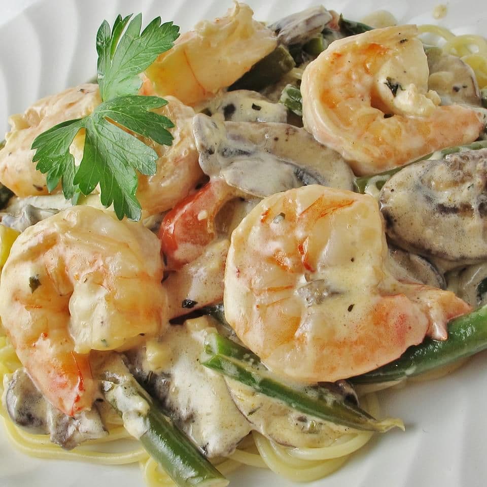 Shrimp and Mushroom Linguini with Creamy Cheese Herb Sauce | Punchfork