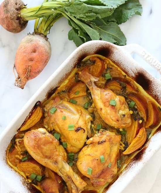Turmeric Braised Chicken with Golden Beets and Leeks Punchfork
