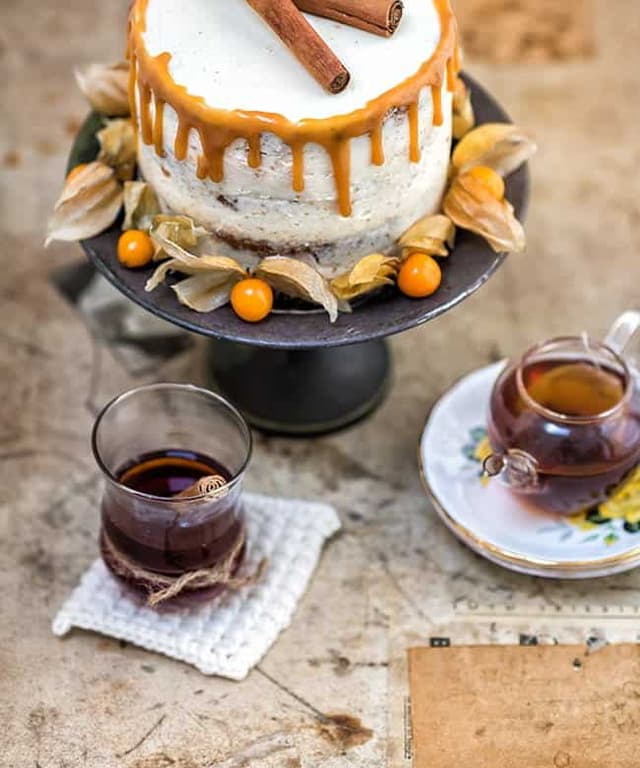 Carrot Cake with Mascarpone Frosting and Chai Caramel and Tea Tasting