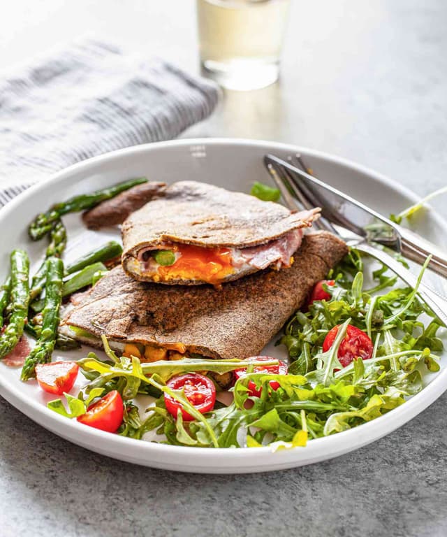 Buckwheat Crepes with Egg, Ham, Cheese, and Asparagus Punchfork