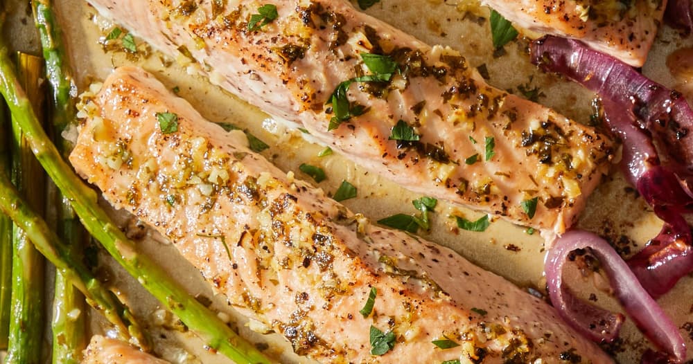 SheetPan Garlic Butter Salmon & Asparagus Punchfork