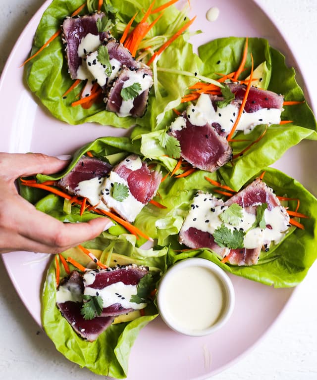 Seared Tuna Lettuce Cups with Wasabi Aioli Punchfork