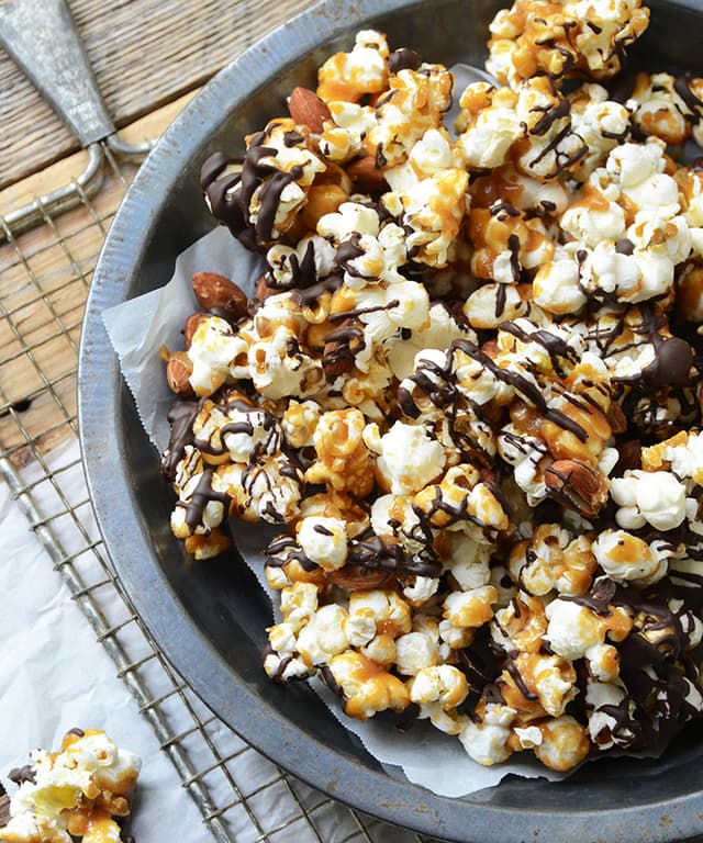 Salted Butter Toffee Popcorn with Dark Chocolate and Toasted Almonds