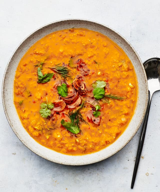 Red Lentil Soup with Preserved Lemon and Crispy Garlic Punchfork