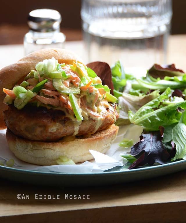 Buffalo Chicken Burgers with Spicy Blue Cheese Celery Slaw Punchfork