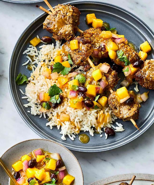 AirFryer Jerk Pork Skewers with Black Bean Mango Salsa Punchfork