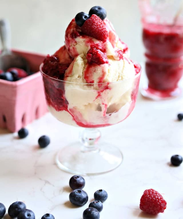 Vanilla Coconut Milk Ice Cream with Raspberry Sauce Punchfork
