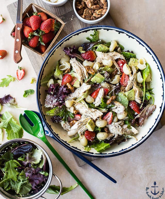 Chicken Strawberry Avocado Pasta Salad with Creamy Poppy Seed Dressing