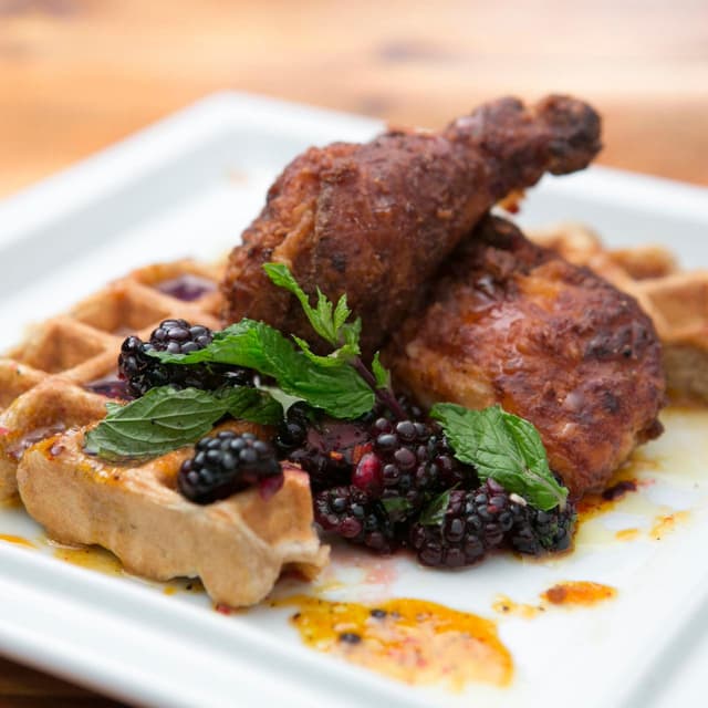 Battered Fried Chicken and Waffles with BourbonTangerine Syrup Punchfork