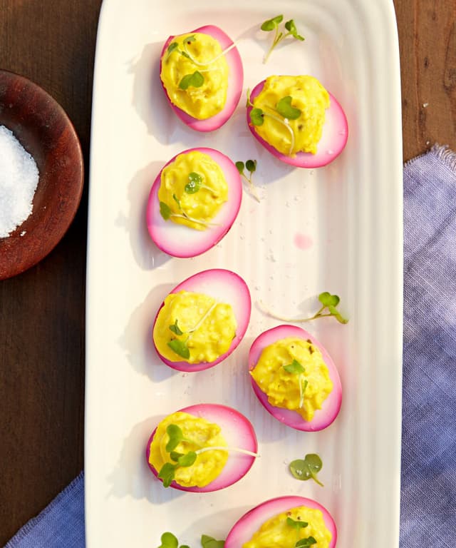 Beet dyed deviled eggs punchfork