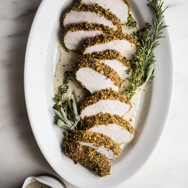 Pistachio Crusted Pork Tenderloin with White Wine Dijon Sauce Punchfork