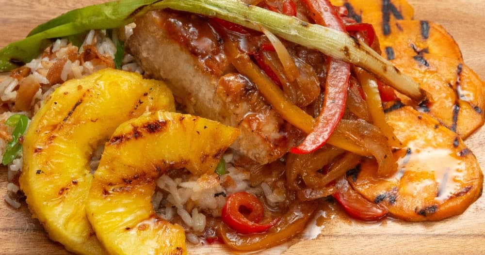 MahiMahi with Pineapple Glaze, Peppers and Coconut Rice Punchfork