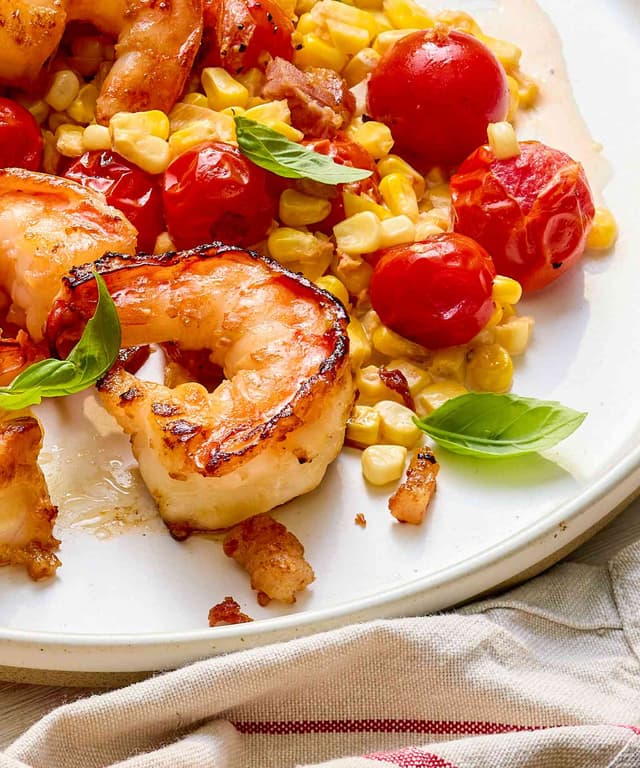 Creamy Skillet Shrimp with Corn, Pancetta, and Tomatoes Punchfork