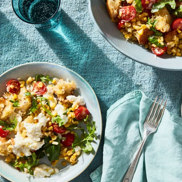 Cacio e Pepe Panzanella with Corn & Burrata Punchfork