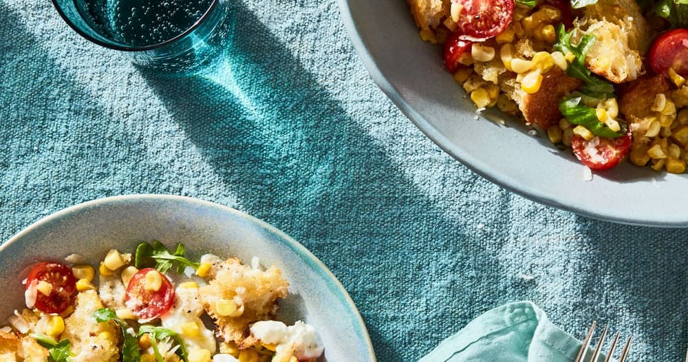 Cacio e Pepe Panzanella with Corn & Burrata Punchfork