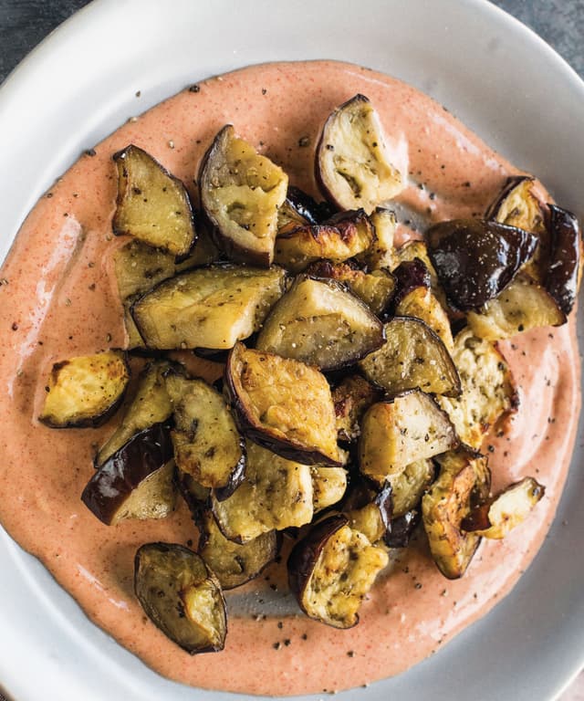 Air Fryer Caramelized Eggplant with Harissa Yogurt Punchfork