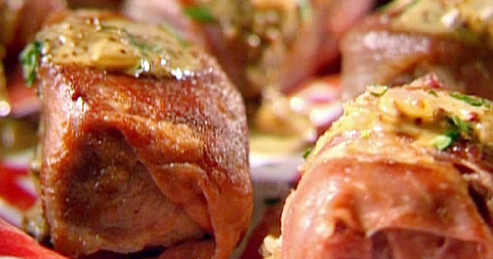 ProsciuttoWrapped Beef Cubes with Mustard Pan Sauce Punchfork