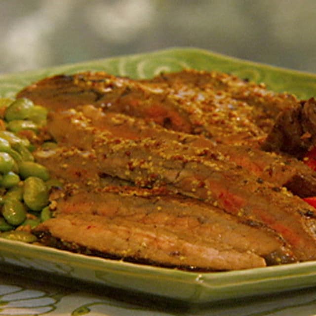 Flank Steak with Sauteed Edamame and WasabiMustard Dressing Punchfork
