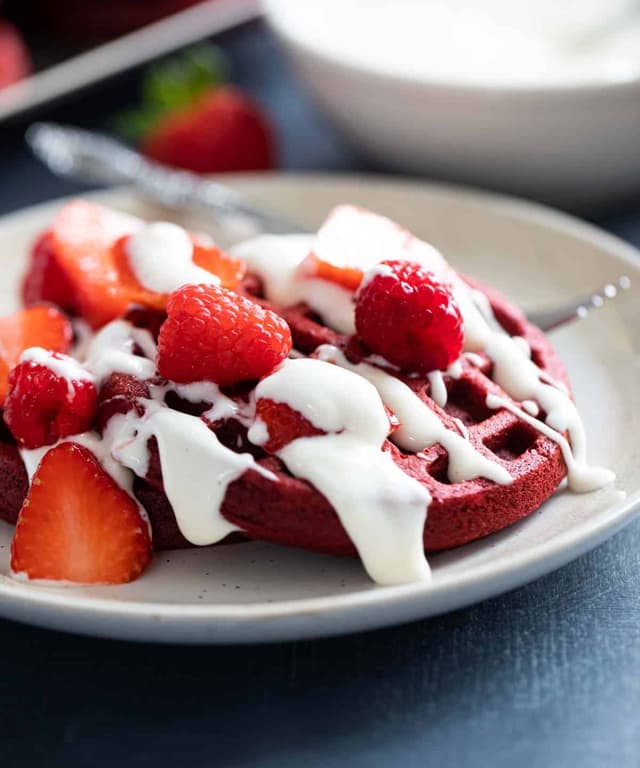 Red Velvet Waffles with Cream Cheese Drizzle Punchfork