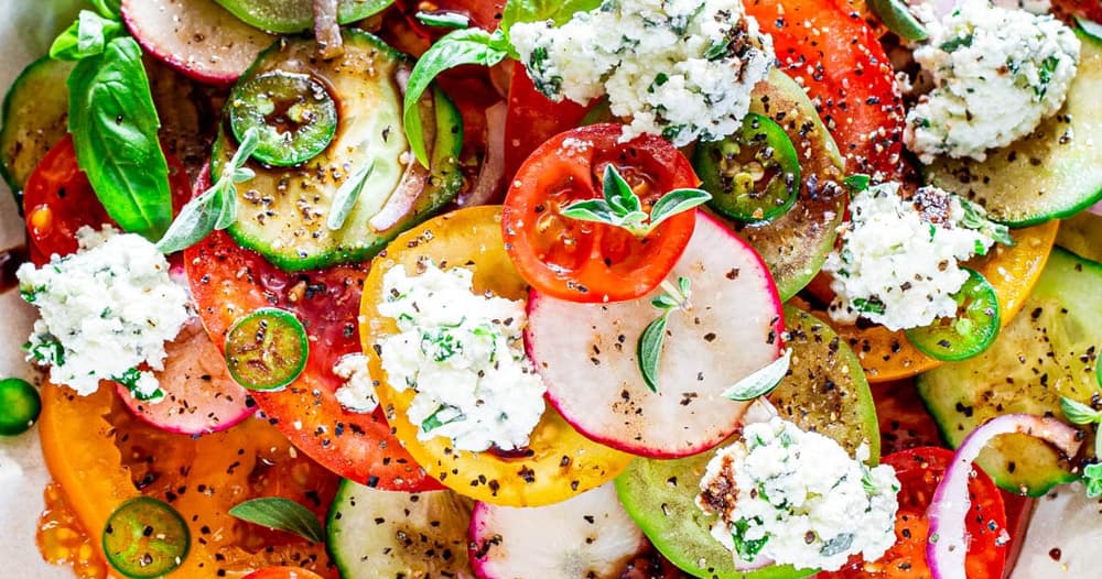 Summer Salad with Herbed Ricotta and Balsamic Vinaigrette Punchfork