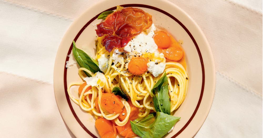 Spaghetti with SunKissed Tomatoes, Ricotta, and Crispy Prosciutto