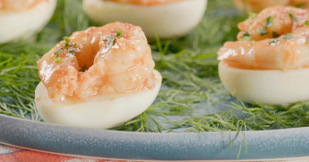 Remoulade Deviled Eggs with Pickled Shrimp Punchfork