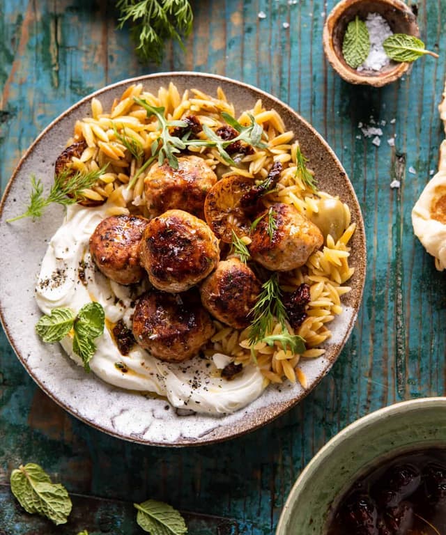 One Skillet Greek Meatballs and Lemon Butter Orzo with Whipped Feta