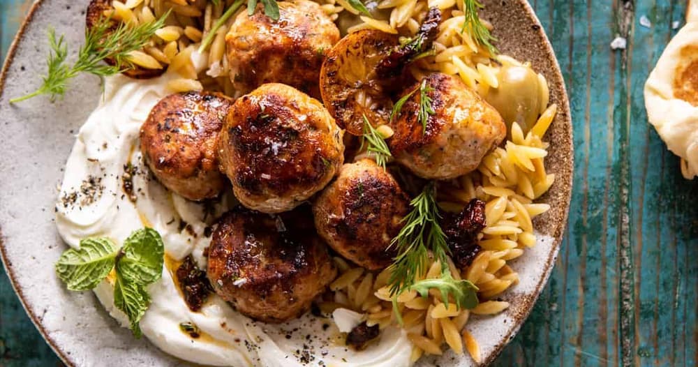 One Skillet Greek Meatballs and Lemon Butter Orzo with Whipped Feta