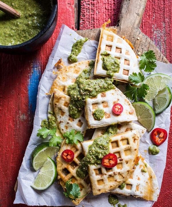 Spicy Pork Al Pastor Quesadilla with Roasted Tomatillo Salsa Verde