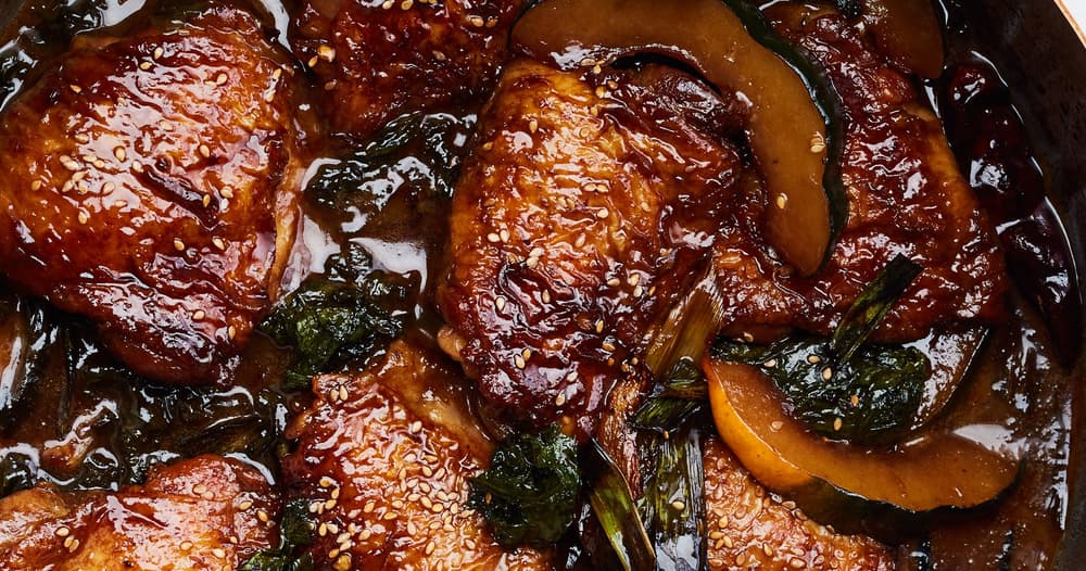 Braised Chicken Thighs with Squash and Mustard Greens Punchfork