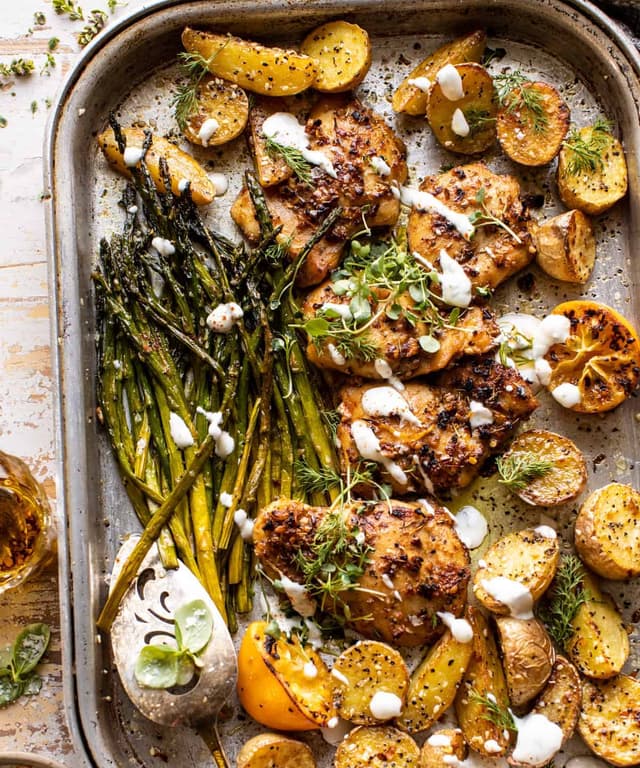 Sheet Pan Lemon Rosemary Dijon Chicken with Feta Goddess Sauce Punchfork