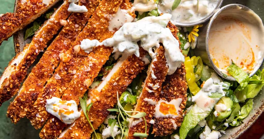 Sesame Chicken Schnitzel Bowls with Feta Tzatziki Punchfork