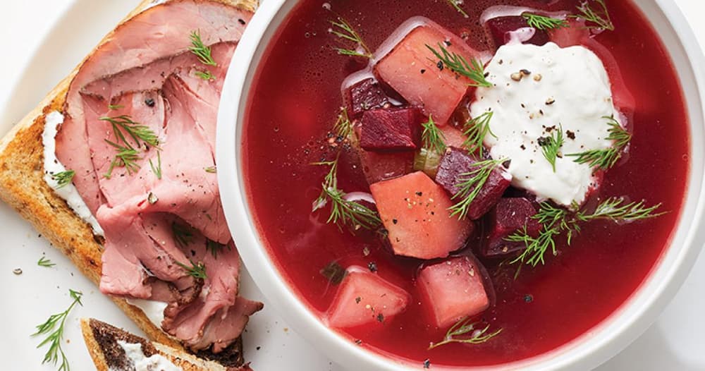 Borscht with Roast Beef Toasts Punchfork