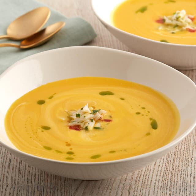 Spiced Butternut Squash Soup with Crab and Herb Oil Punchfork