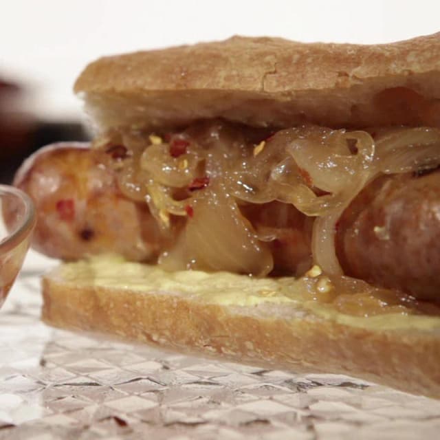 Grilled Spicy Sausages with Onion Marmalade Punchfork