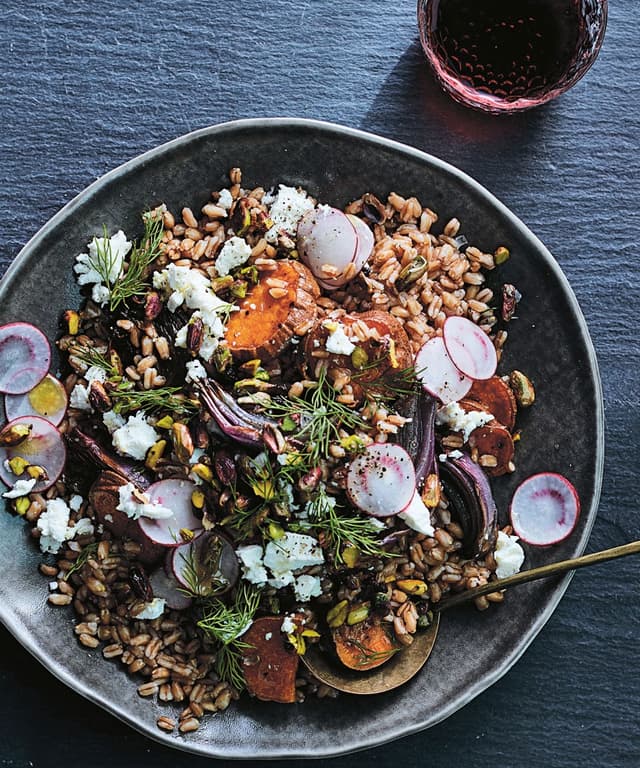 Farro Salad with Roasted Sweet Potatoes, Red Onion, and Goat Cheese