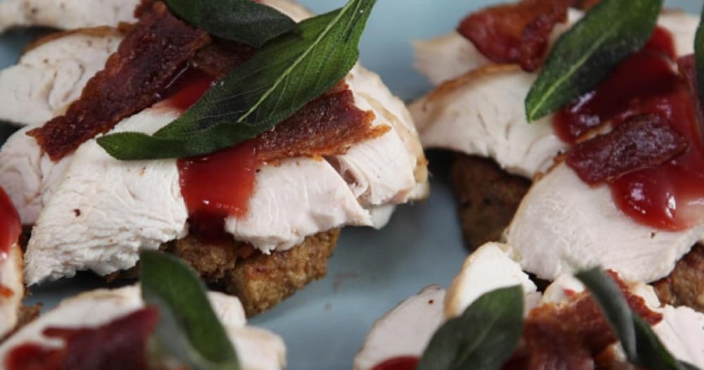 Open Faced Turkey Stuffing Patty with Gravy and Cranberry Sauce Punchfork