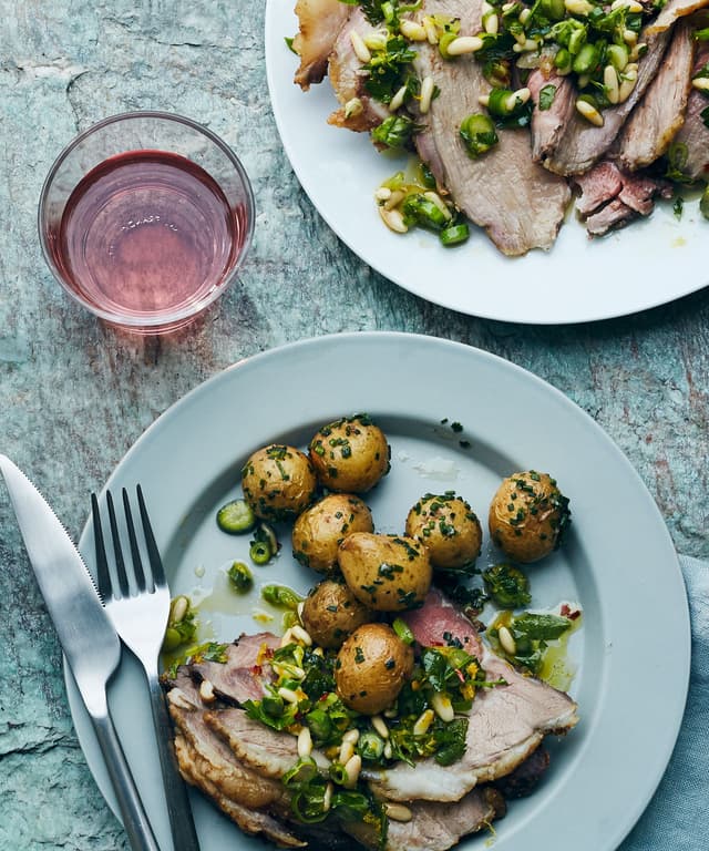 Roast Leg of Lamb with Potatoes and Asparagus Gremolata Punchfork