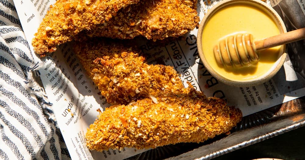 Pretzel Crusted Chicken Tenders with Honey Mustard Sauce Punchfork