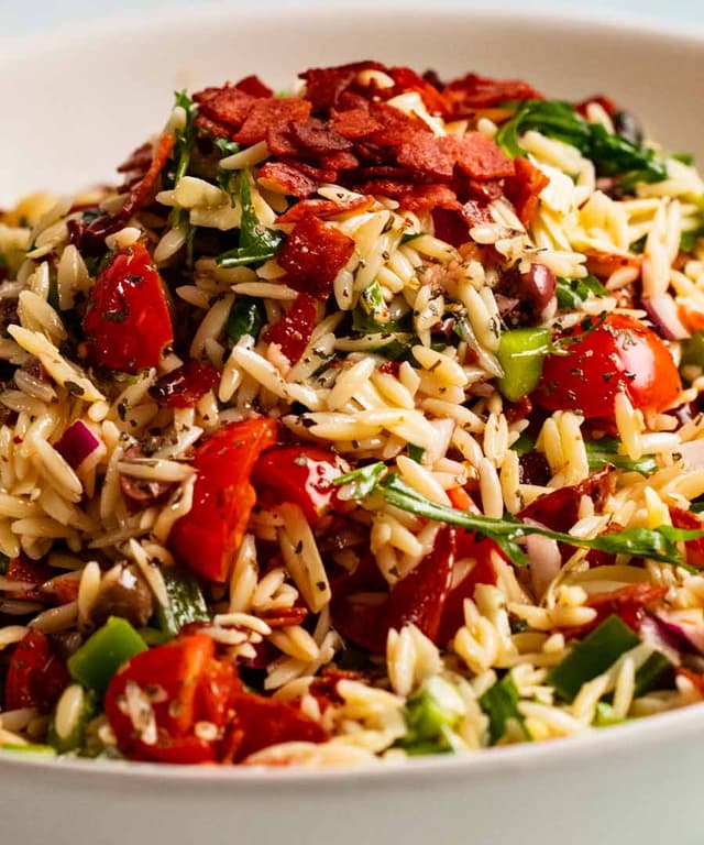 Italian Orzo Salad (Risoni) with Crispy Salami Bits Punchfork