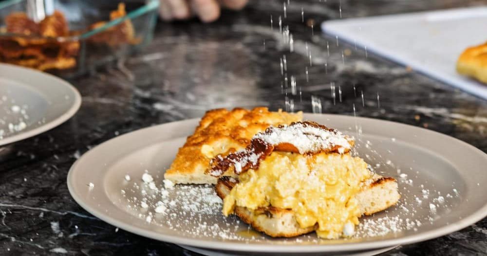 Scrambled Eggs with Prosciutto and Focaccia Punchfork