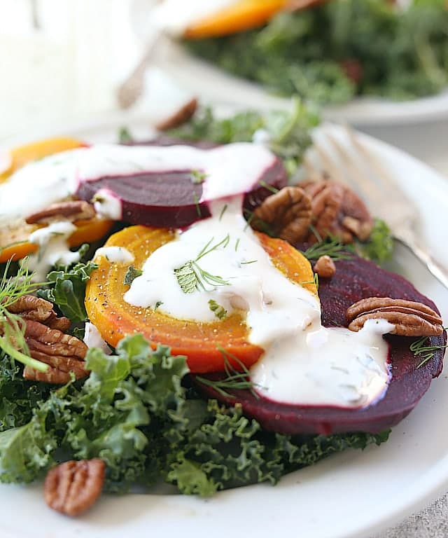 Roasted Golden and Purple Beet Kale Salad with Herb Greek Yogurt